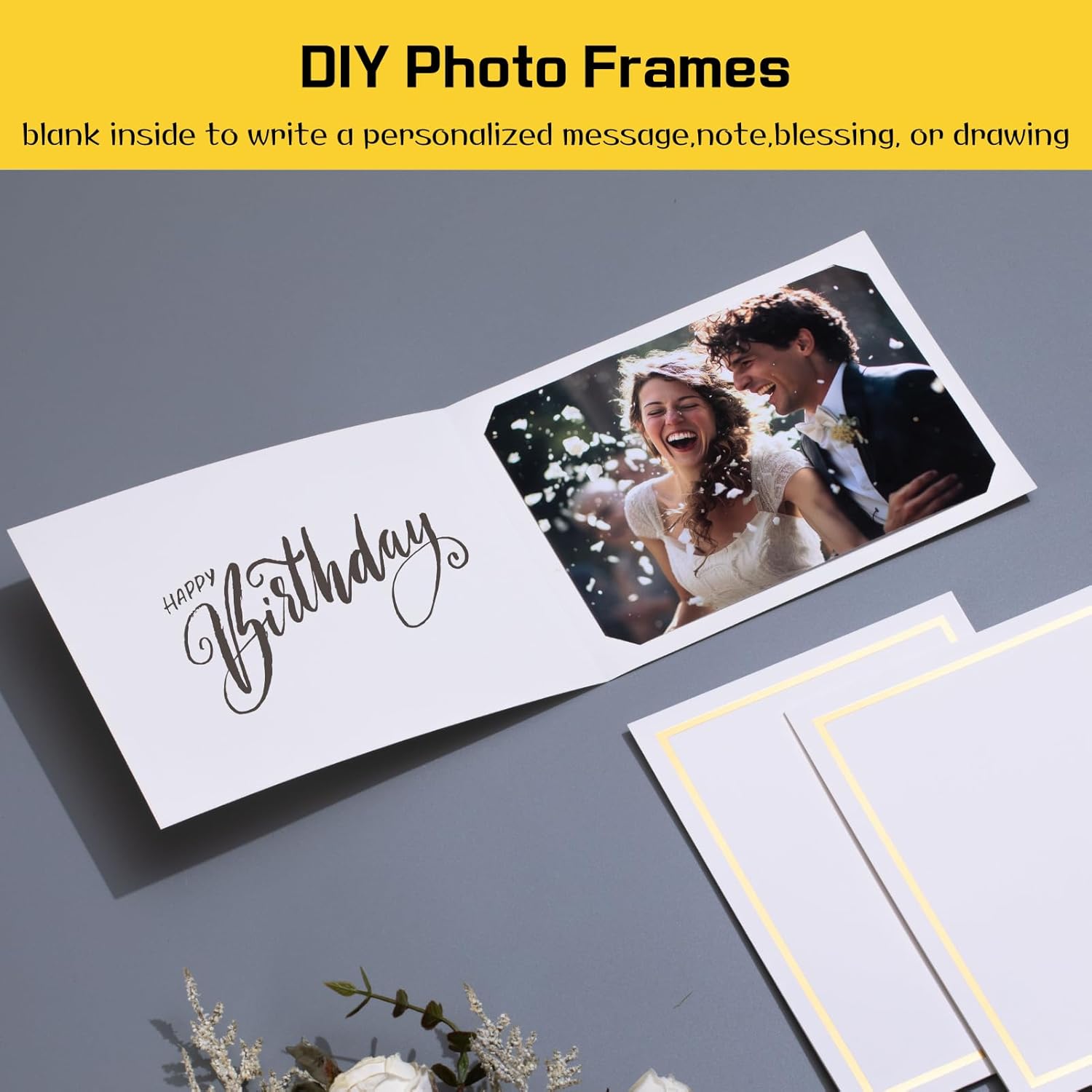 100 Pcs Photo Folders for 4x6 or 5x7 Pictures Photo Frame Note Cards Paper Greetings Cardboard Picture Frame for Graduation Wedding Birthday Classroom DIY(White with Gold Foil)