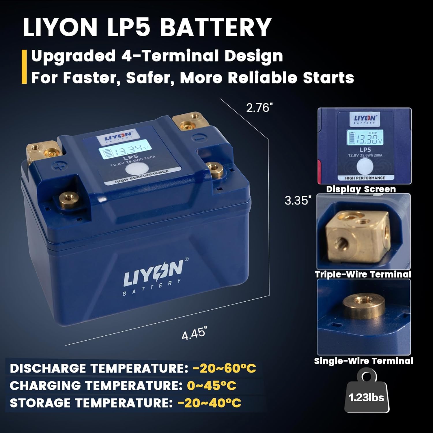 LIYON Lithium YTX5L-BS/YTX4L-BS/YTX7L-BS Motorcycle & ATV Battery, 12v 2Ah LiFePO4 Powersports Battery, Instant-Start 200A 140 CCA(-25°C) - with 3 Universal-Fit EVA Spacers, Compatible Scooter