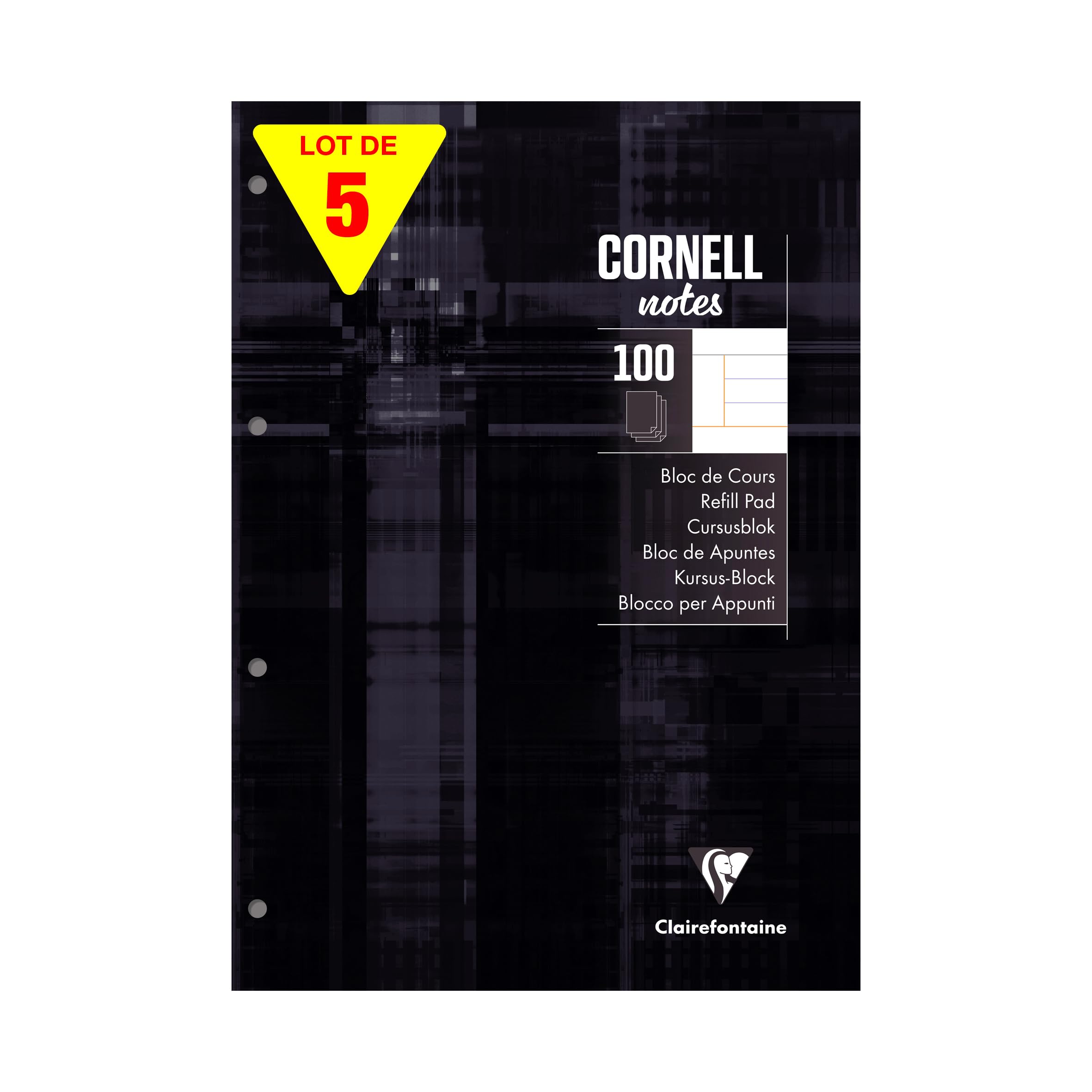 Clairefontaine 58198CPack Set of 5 Coursepads "CORNELL notes" Glued Perforated Black - A4 21x29,7 cm - 200 Lined Pages - White Paper 90 g - Laminated Card Cover