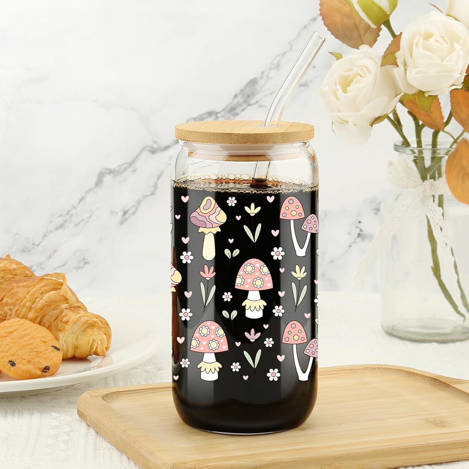 Mushroom Glass Cup with Bamboo Lids Straws, Christmas Gifts, 16oz Retro Hippie Tumbler, Fungi Themed Tumbler Stuff, Iced Coffee Cup, Mushroom Gift for Women, Birthday Gifts for Sister, BFF - Image 4