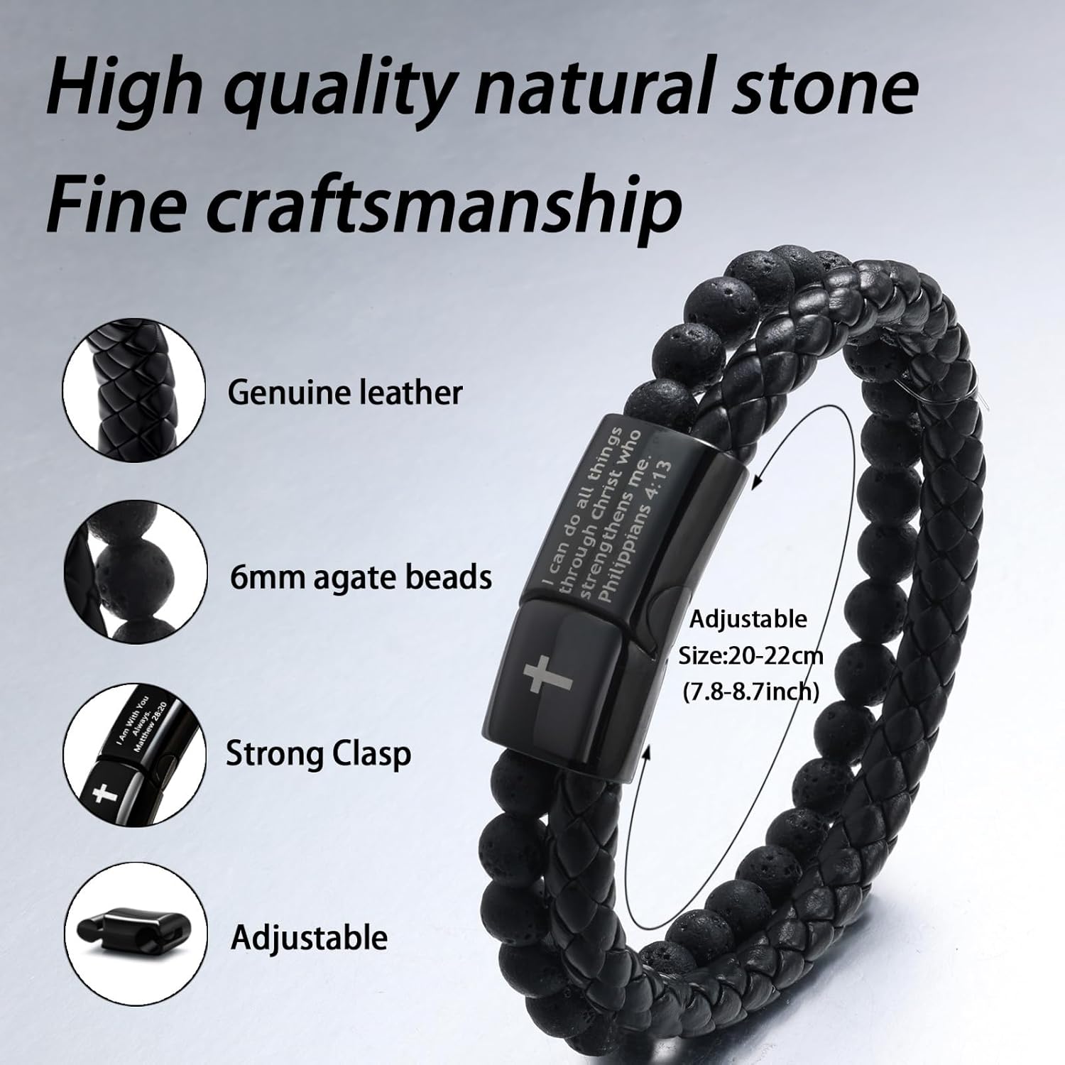 FEEL STYLE Mens Bible Verse Leather Bracelet - Lava Rock Bead Cross Bracelet for Men - Healing Balancing Braided Leather Wristband - Religious Christian Graduation Gift Jewelry for Men - Image 2