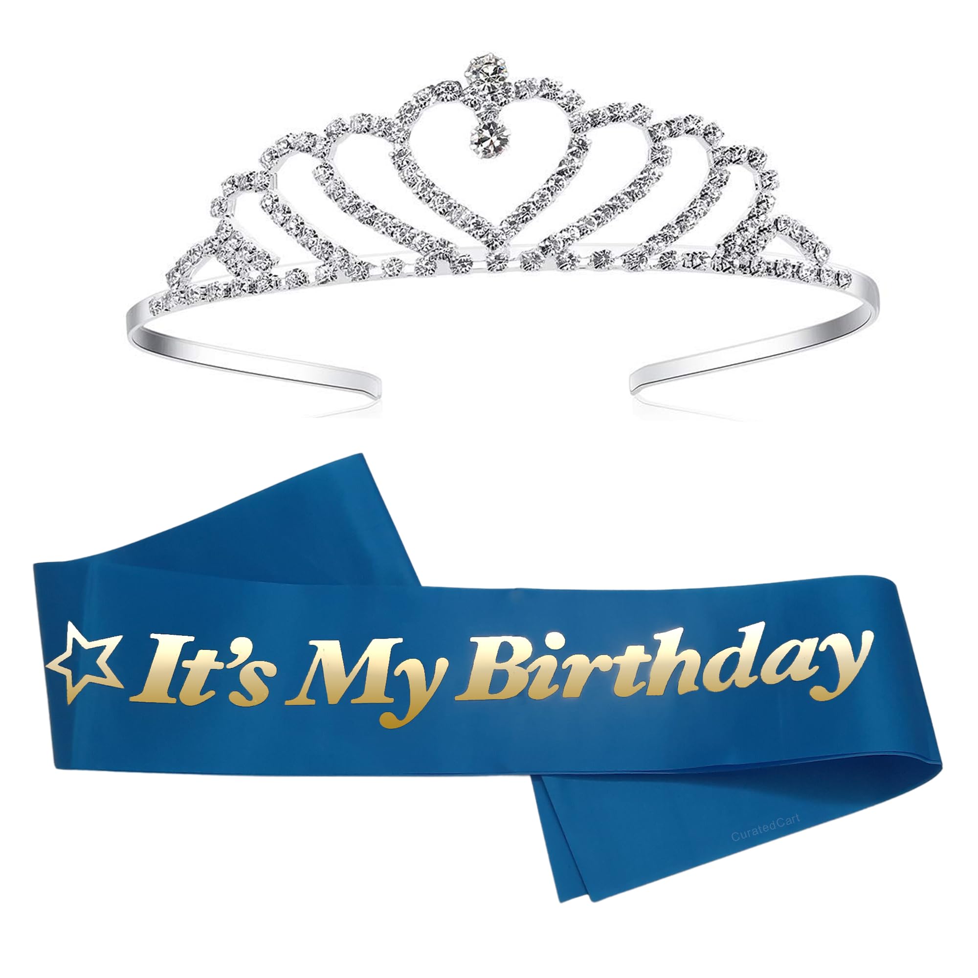 CURATED CARTCurated Cart Its My Birthday Blue Satin Sash with Heart Crown for Women - Soft Satin Party Accessory for Birthday, Celebration, and Special Occasions