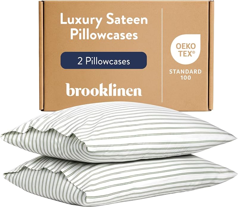 Sateen Pillowcase Set Hotel-Quality Luxury - King, Green Stripe | Set of 2 silky 100% cotton sateen pillowcases with a smooth, breathable finish; envelope closure keeps pillows tucked.