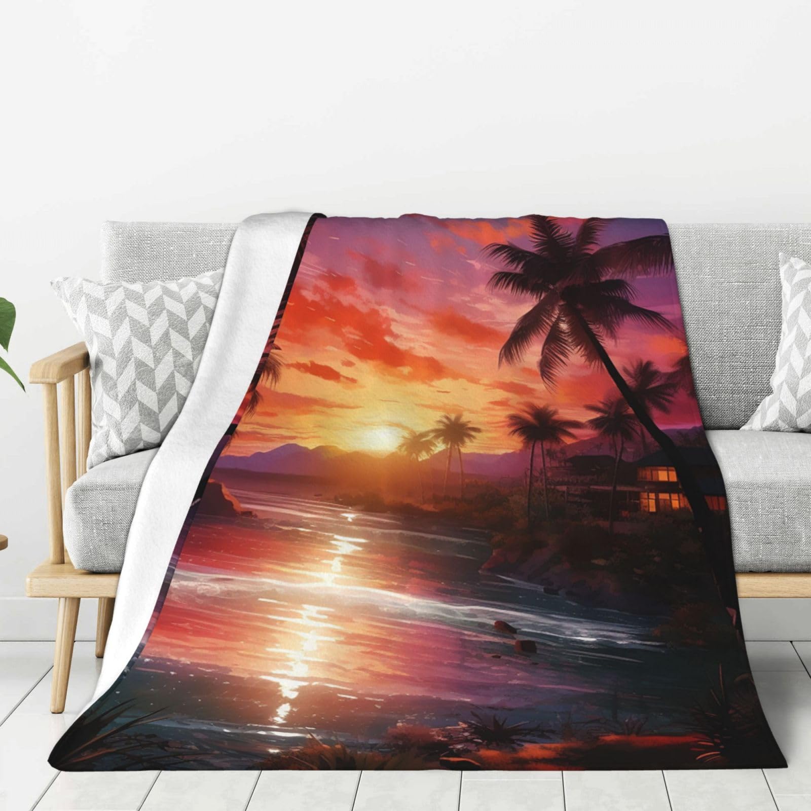 Colorful Tropical Sunset Throw Blanket Plush Flannel Fleece Blanket, Soft Lightweight Cozy Blankets 50"X40" for Bed Couch Sofa Travel