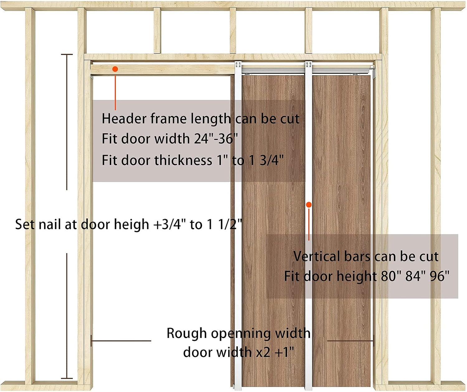 36x80" Pocket Door Frame Kit, Sliding Pocket Door Hardware with Adjustable Sliding Door Track for 2X4 Studs Wall,Suitable for Doors Weight 220LBS Wide 24"-36", Easy to Install