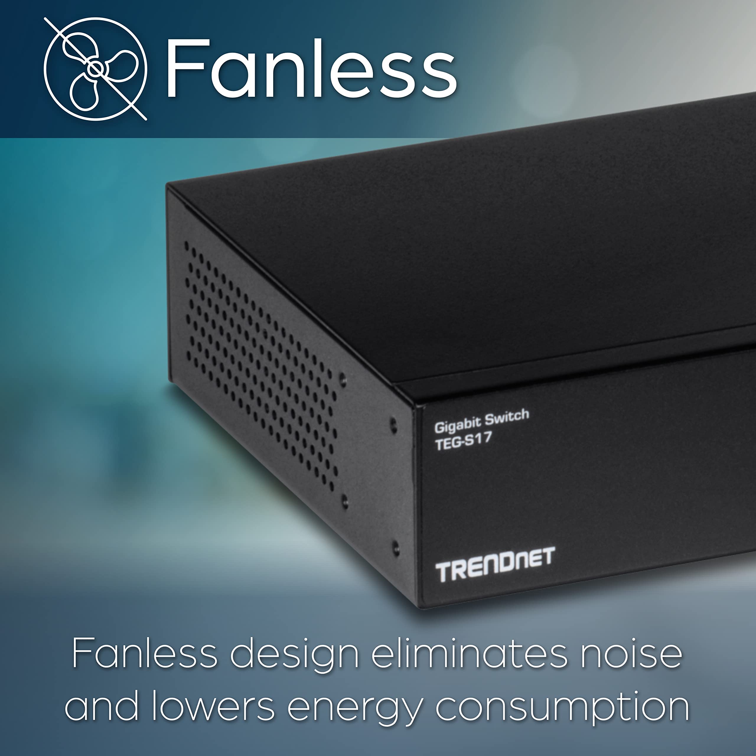 TRENDnet, TEG-S17, Commutateur Gigabit 16 Ports, 16 Ports Gigabit RJ-45, capacité de Commutation 32 Gbit/s, Conception sans Ventilateur, boîtier métallique, Alimentation Interne, Noir