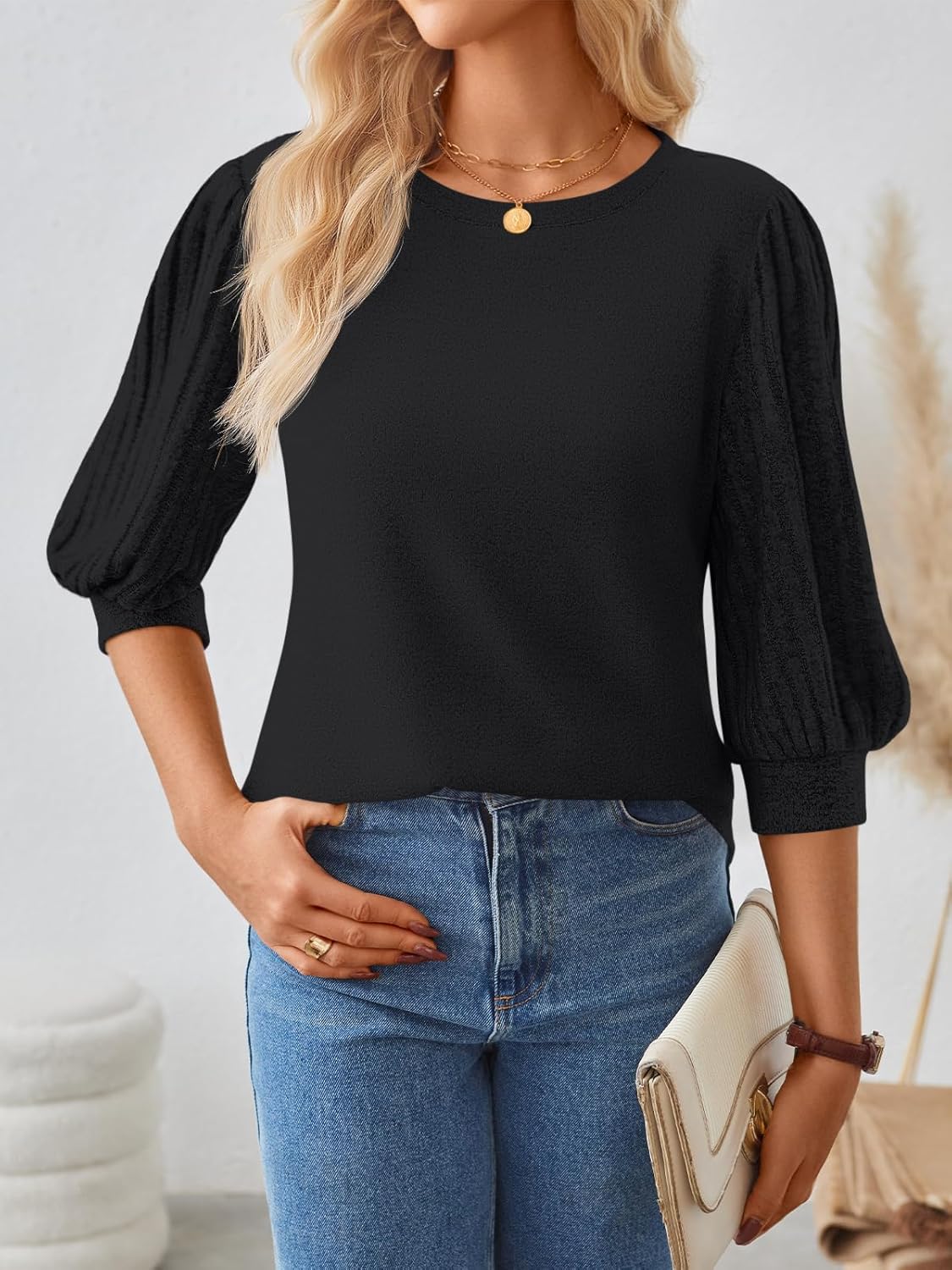 AUTOMET 3/4 Length Sleeve Womens Tops Puff Lightweight Spring Sweaters Business Dressy Casual Work Blouses Cute T Shirts - Image 6