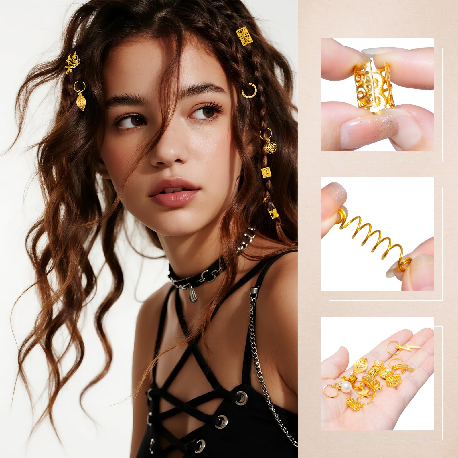 QHSXMQ 260pcs Gold Hair Accessories, Hair Jewellery for Braids Gold Hair Cuffs, Hair Rings, Beads Cuffs Charms Rings - Image 4
