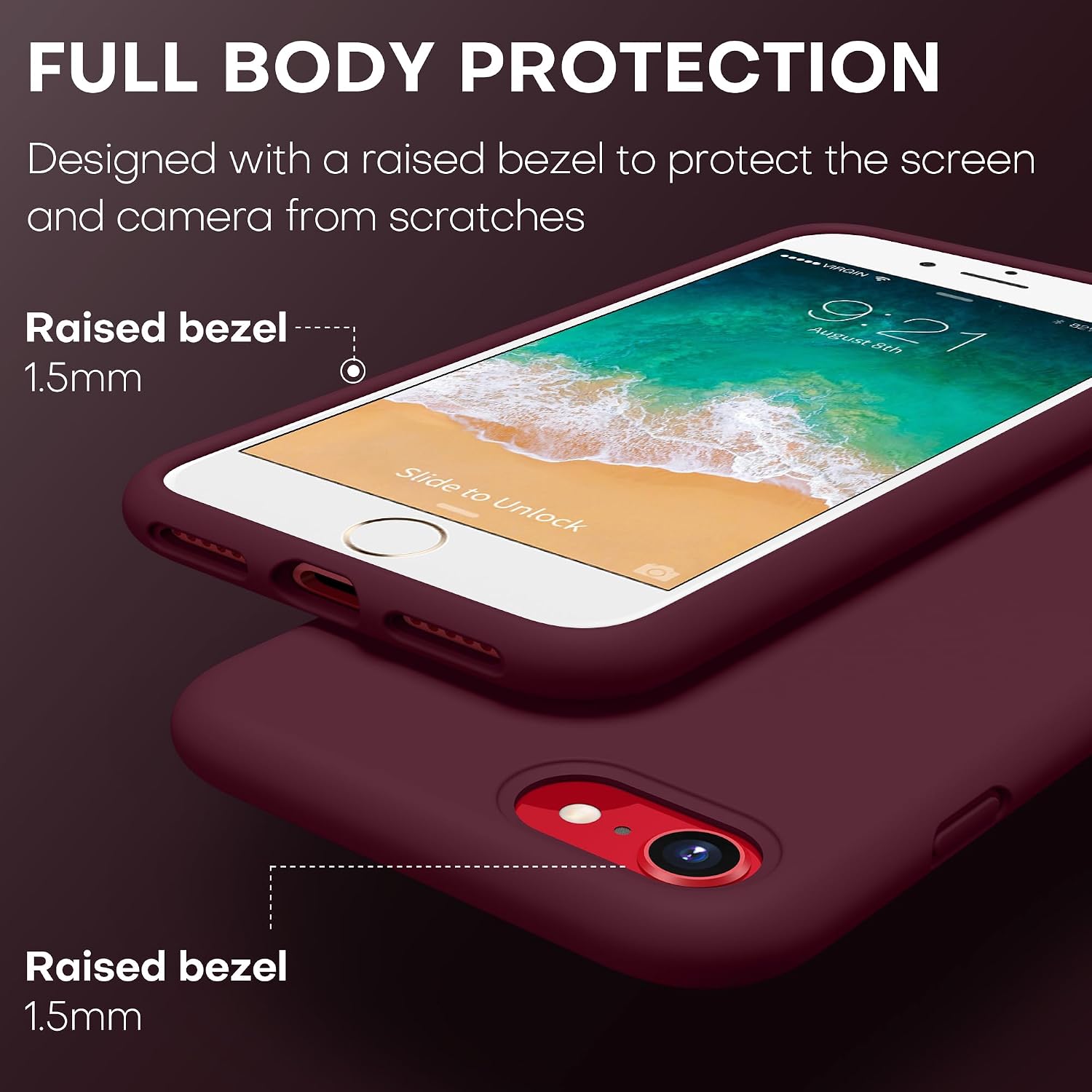 CellEver Heavy-Duty Silicone Case for iPhone SE 2022 (3rd Gen)/iPhone SE 2020 (2nd Gen)/iPhone 8/7 - Military Drop Protection, Elevated Screen & Camera Protection, Scratch-Free Interior, Wine