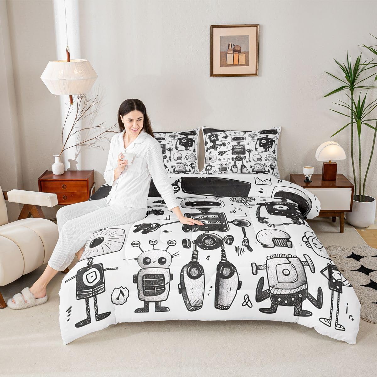 Erosebridal Robot Down Comforter Full Size, Cartoon Pattern Bedding Set, White Black Sketch Comforter Set for Kids Boys Girls Teens, Funny Robot Duvet Insert Bedroom Decor image 3