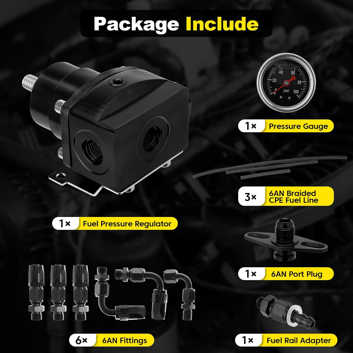Adjustable EFI Fuel Pressure Regulator Kit with Bypass Return, 0-100 PSI Gauge, 6AN Fittings and PTFE Braided Hose – Compatible with Gasoline, E85, Ethanol & Methanol Fuels