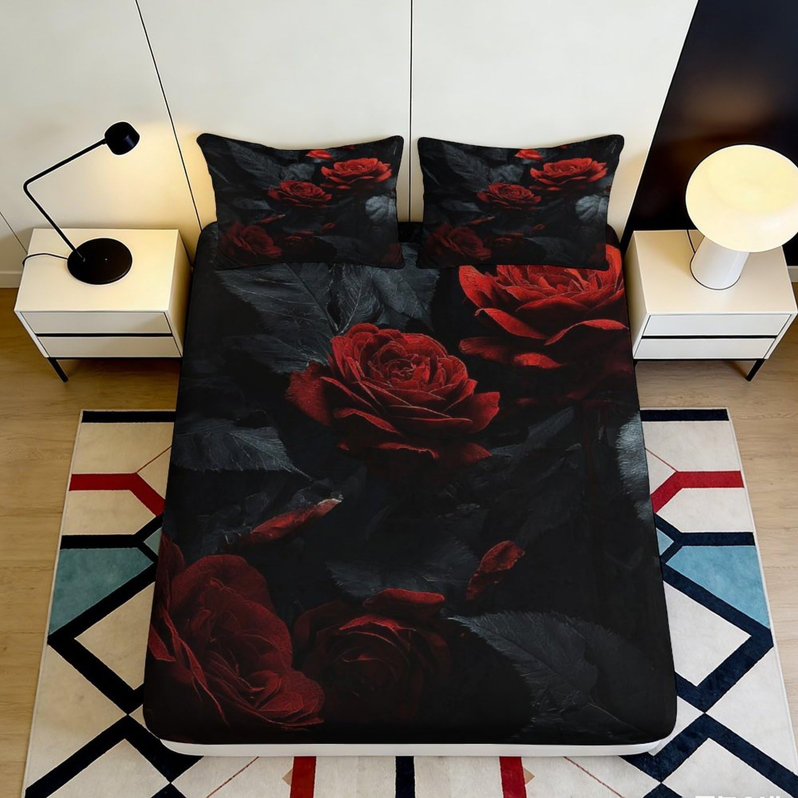 3D Printed Red Rose Floral Fitted Sheet Microfiber Dark Botanical Bed Cover for Bedroom Guest Room Mattress Protection 160x200x25cm