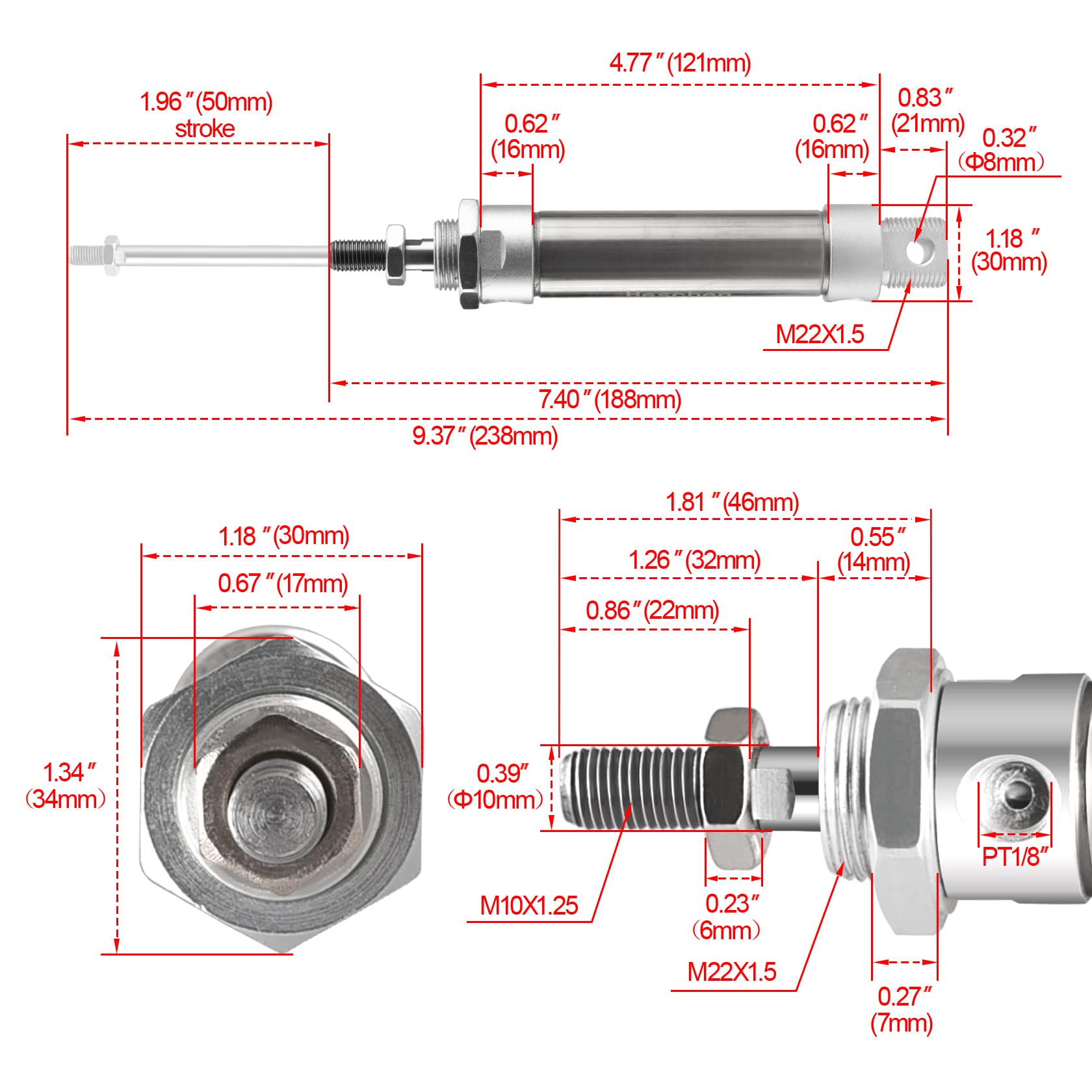 Heschen Pneuatic Sli Air Cylinder, AL 25-25, PT1/8'' Port, 25 Bore