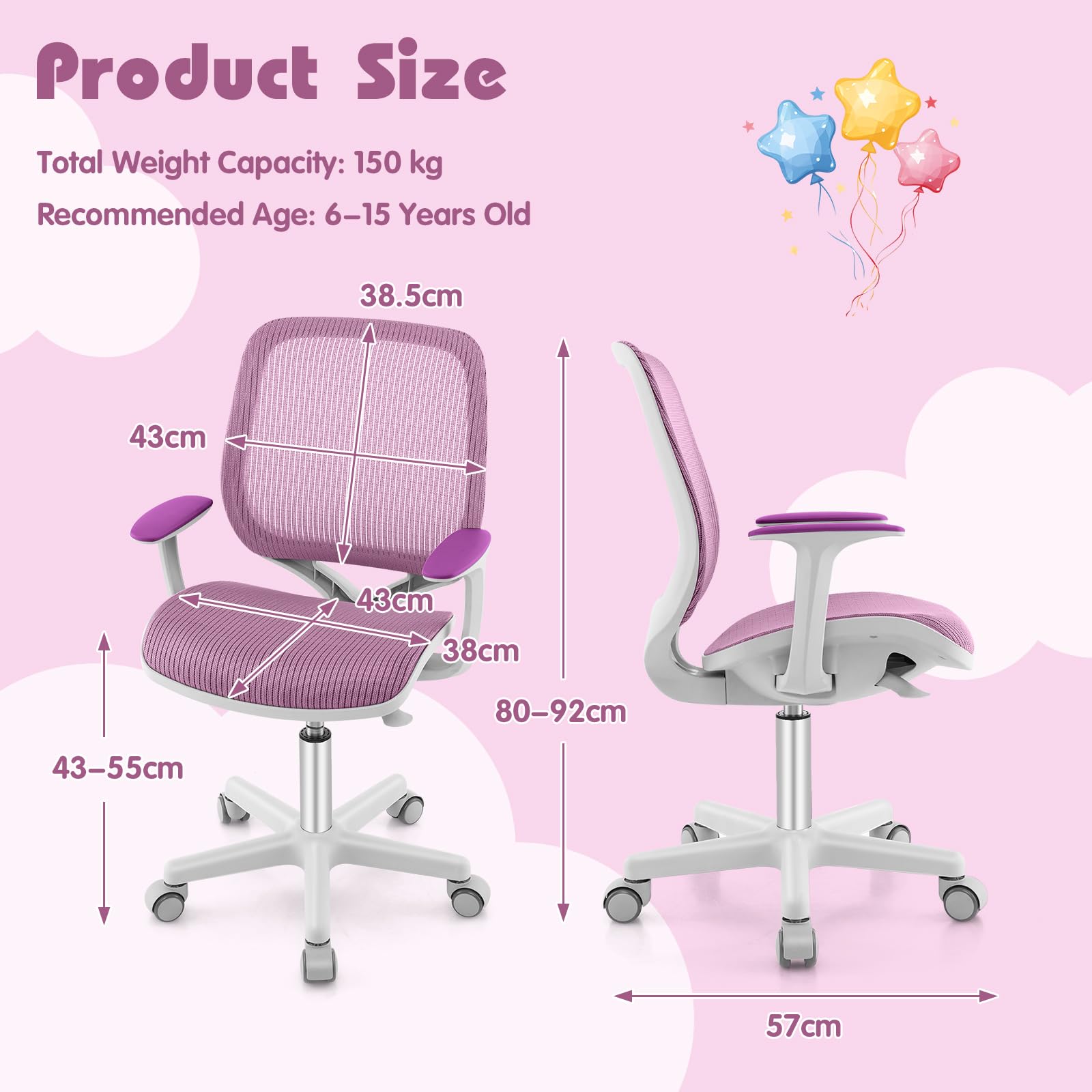 LIFEZEAL Sedia da Scrivania Imbottita per Bambini, Poltrona Girevole per Ragazzi, Ergonomico, Altezza Regolabile da 80 a 92cm, Braccioli e Schienale per Studiare in Cameretta e Scuola, Max75kg (viola)