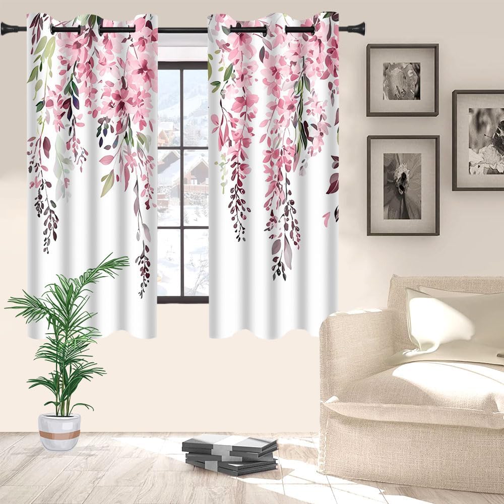 Pink Watercolor Floral Curtains, Botanical Leaves Vine Flowers Curtain, Rustic Farmhouse Flower Leaf Blackout Window Treatment Drapes for Bedroom Living Room 42x63 inch, 2 Panels