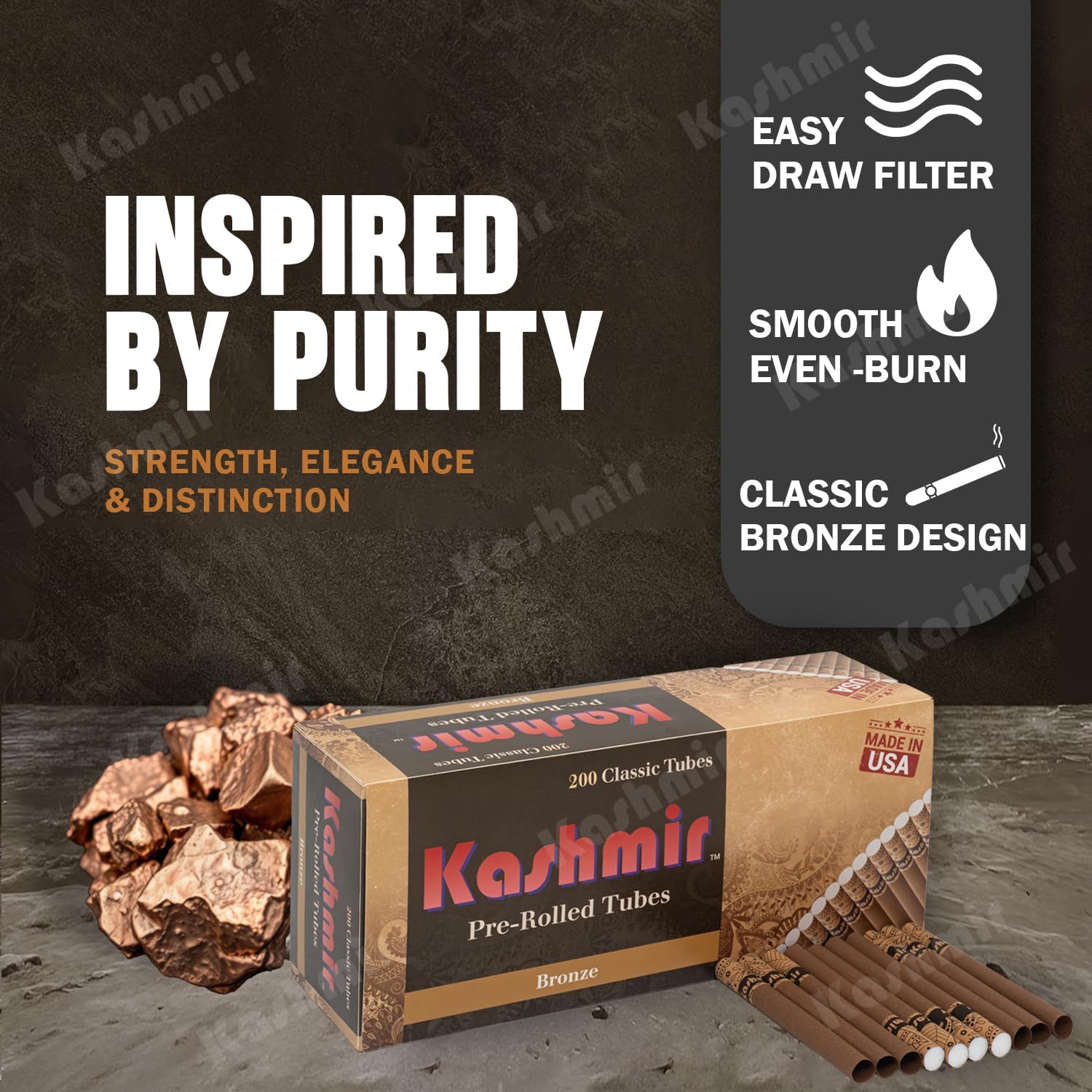 Kashmir Cigarette Tubes Bronze 84mm – 1000 Count (200 x 5 Boxes) - Empty King Size Tubes with Filters – Natural Paper Brown Cigarette Papers Tubes Compatible with Most Injector Machines – Made in USA