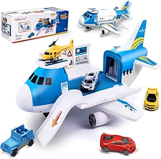 Airplane Toy with Car Toy Helicopter Set, Take Apart Plane Toy for Boy Girl Toddler Kids Cargo Transport Paw Patrol Gift Treat Age 2 3 4 5 6 8 Years Old Toddler, 5 Mini Vehicles Truck 1 Large Plane