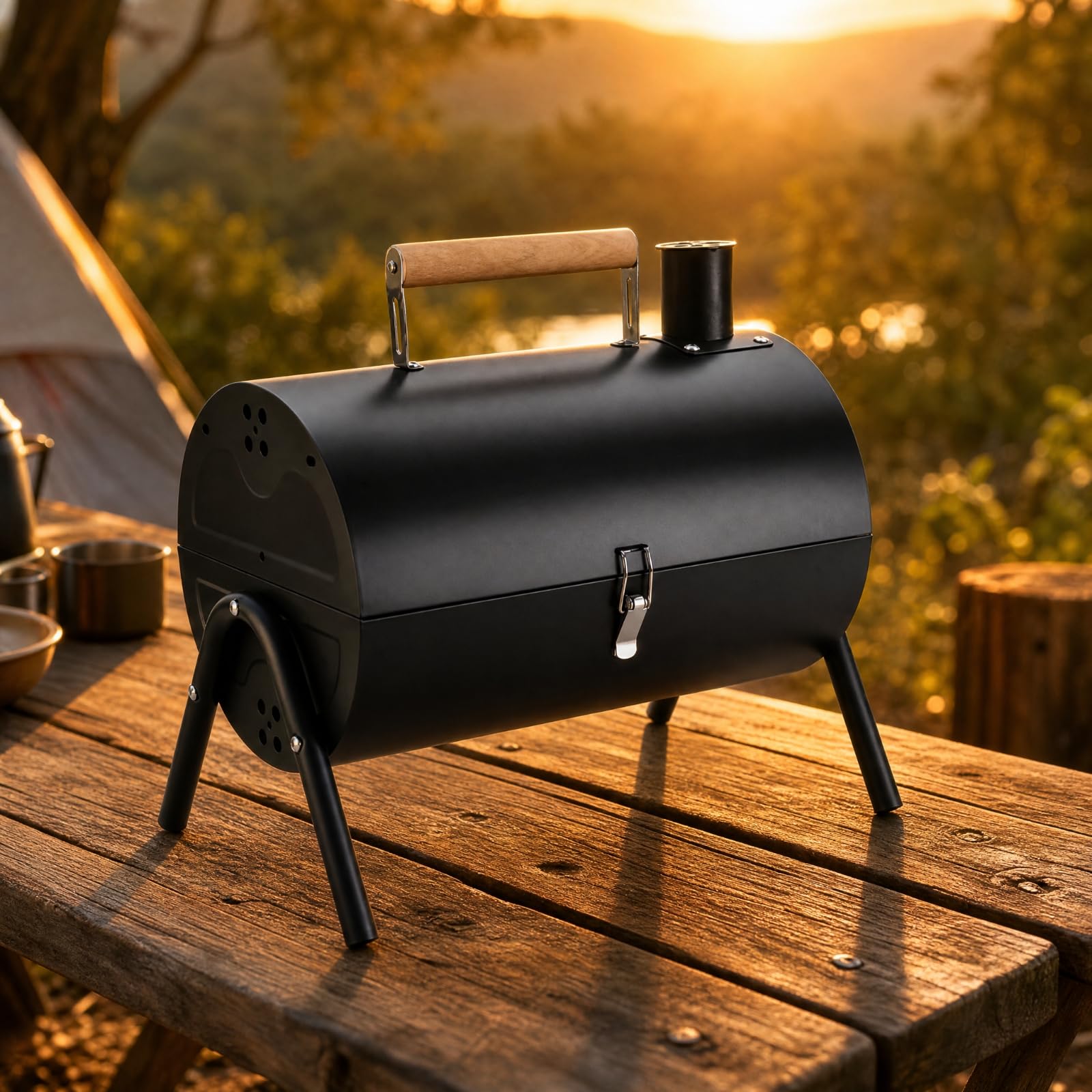 MERIGLARE Parrilla Carbón Portátil Ventilado Barbacoa con Tapa Abisagrada Seguro Parrilla con Bandeja Carbón para Patio Trasero, Reuniones Al Libre