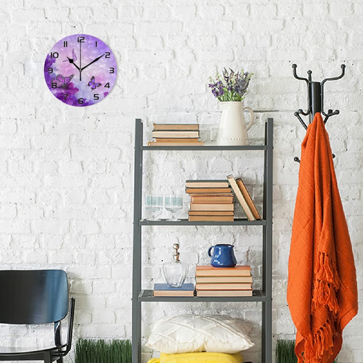 Moudou Purple Butterfly Wall Clock Silent Non Ticking Battery Operated Round Clock for Bathroom Living Room Bedroom Office School Home Decoration 10 Inch