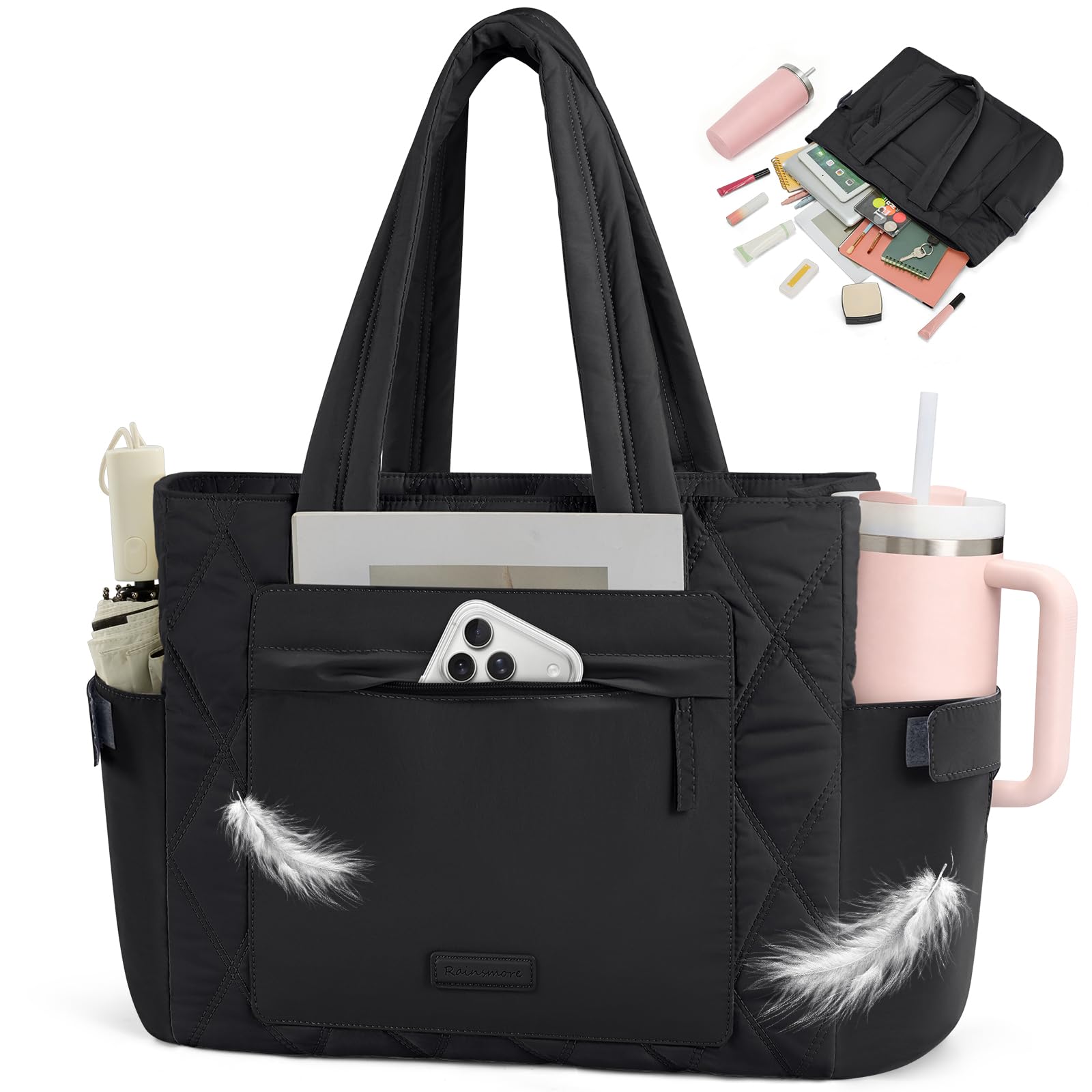 RAINSMORE Sac Cabas Femme Grand Format, Sac Fourre-Tout Matelassé Léger pour Travail, Cours et Voyage, Sac Ordinateur 15,6 Pouces avec Poche Gobelet, Sac à Main Multipoche