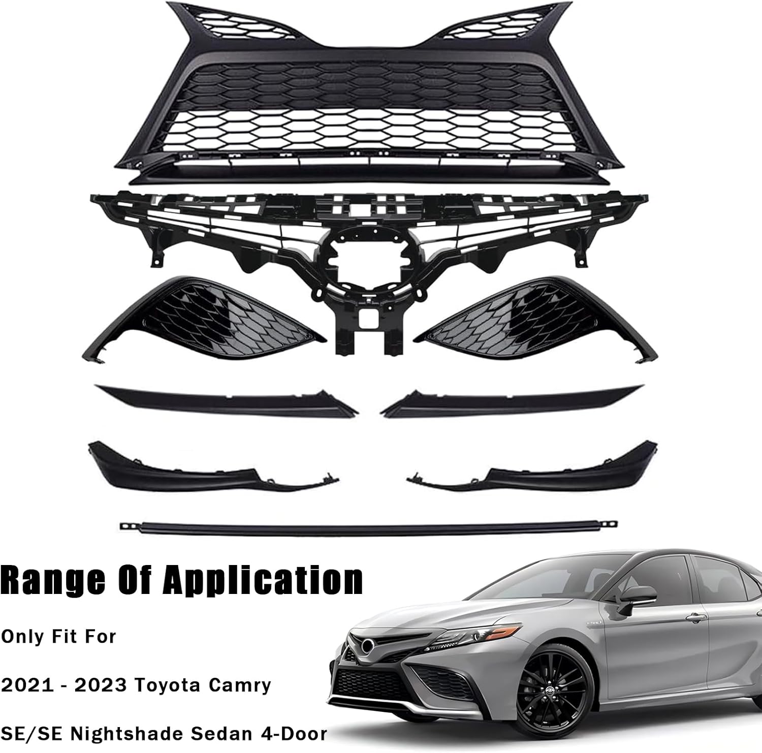 Front Grille Black Trim Fog Light Bezel Set 9pcs Fit For 2021 2022 2023 Toyota Camry SE, Front Bumper Body Assembly Kit Direct Replacement (Glossy Black)