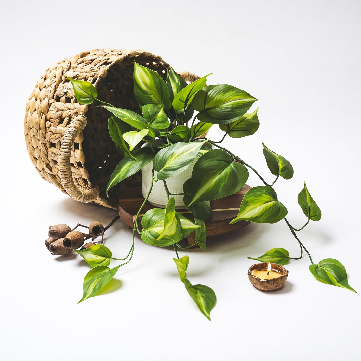 Kurrajong Farmhouse Dark Green Fake pothos | Fake Plant for Shelf Decor | Artificial Trailing Ivy Plant with 5" Wide x 3.5" high Ceramic Pot Faux pothos Plant for Floating Shelves - Image 4