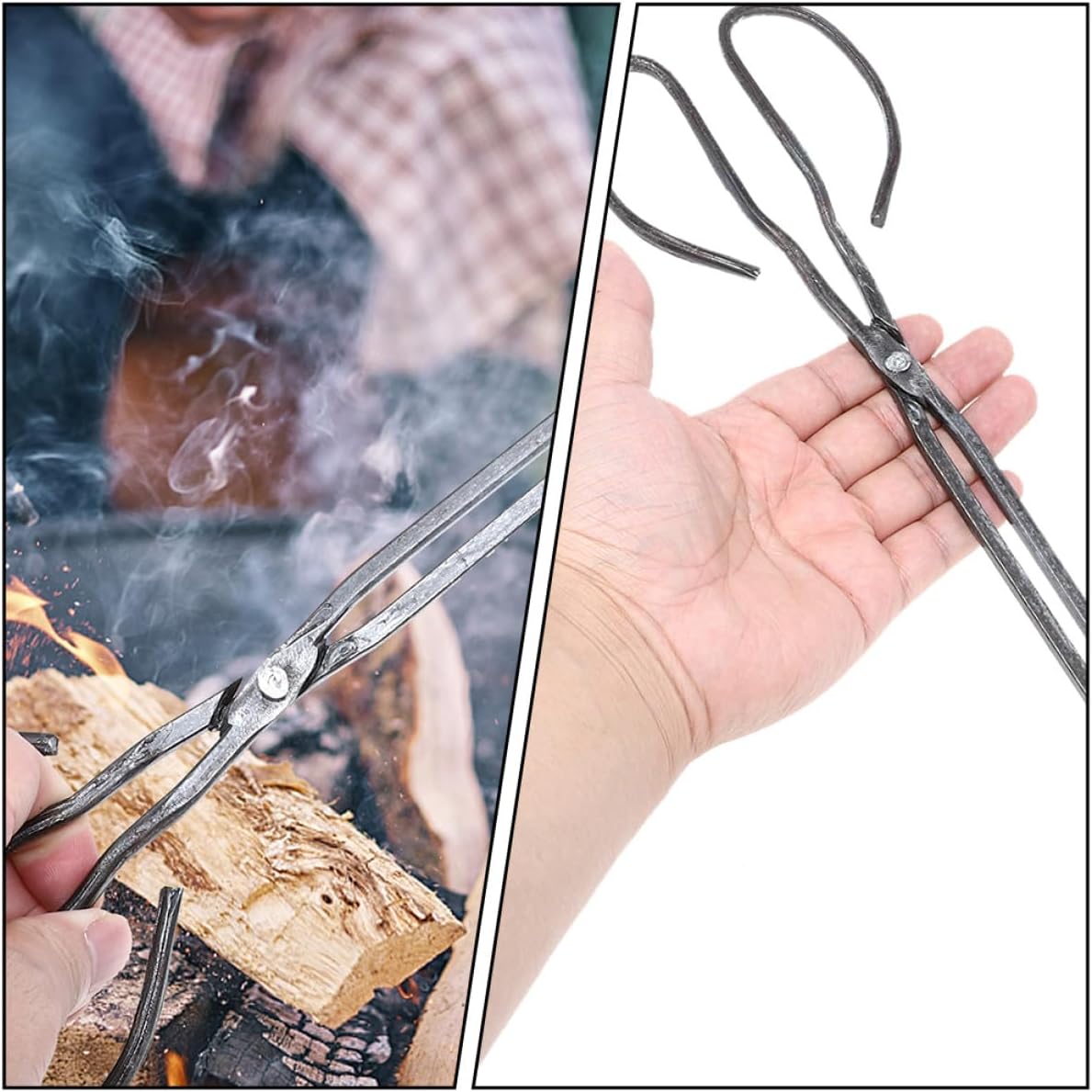 2pcs 50cm Iron Charcoal Clamp with Long Handle, Big Head Fireplace Tong and Outdoor Bbq Trash Picker for Firewood Handling and Sanitation Cleaning