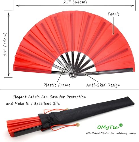 Miniatura 5 de OMyTea Ventilador plegable de mano grande chino de Kung Fu Tai Chi para hombresmujeres, con una funda de tela para protección, para actuación,