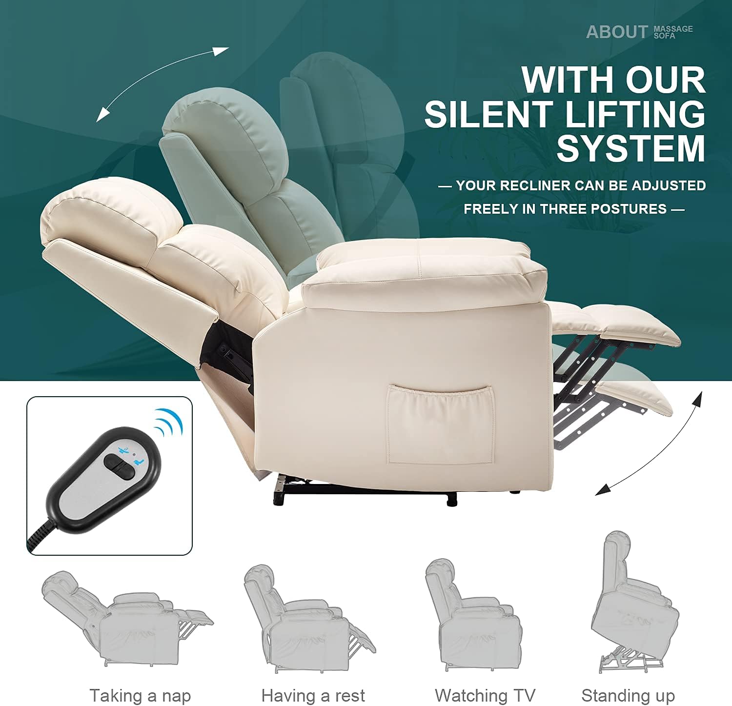 EROMMY Power Lift Recliner Chair for Elderly, Fabric Home Massage Sofa Chairs with Massage and Heat, Wireless Remote Control, Side Pocket, PU Camel : Beauty & Personal Care