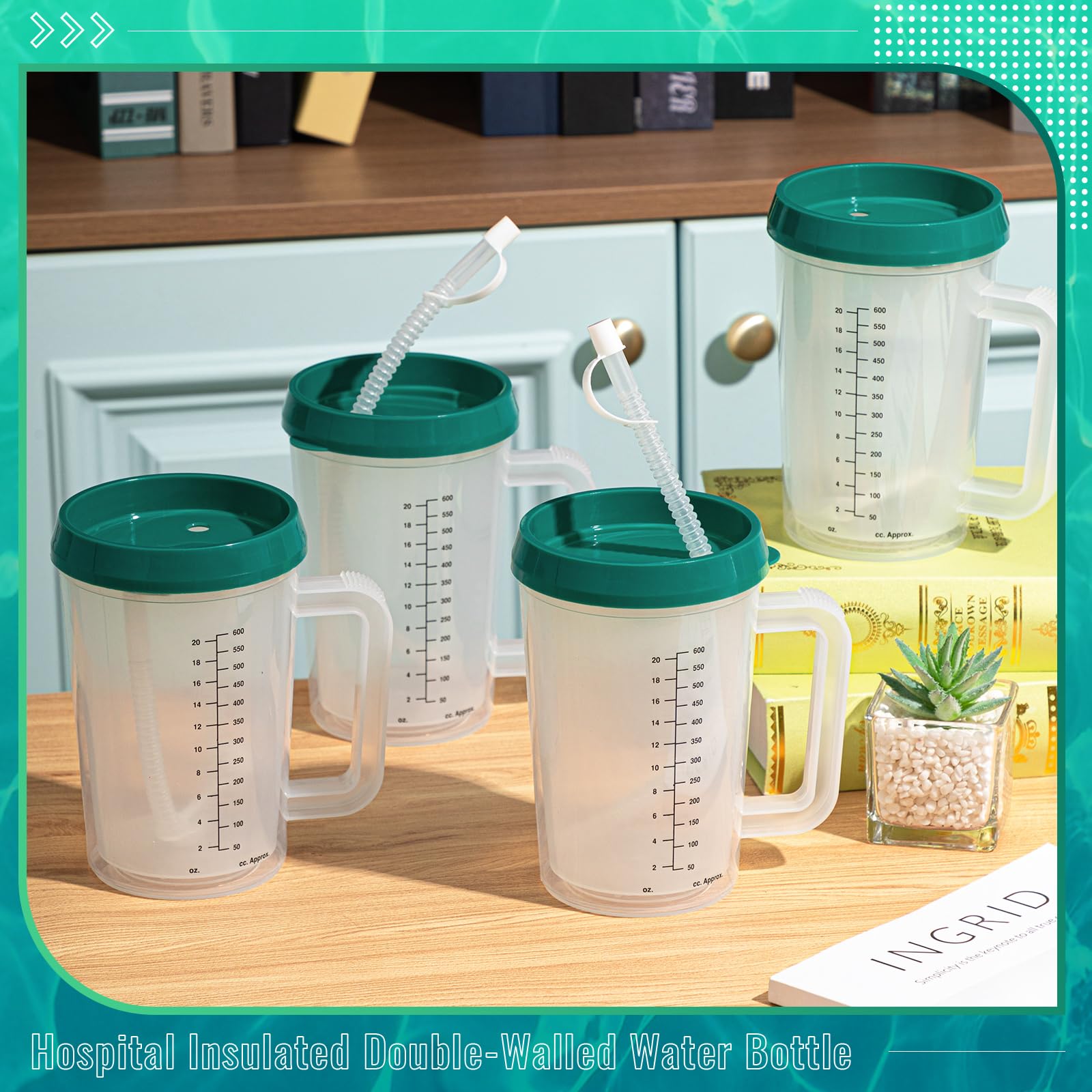 4 bicchieri per acqua da ospedale da 590 ml, con cannuccia e coperchio, isolati, a doppia parete, caraffa per ospedale con manico, in plastica, graduata, per anziani, con cannuccia (verde)