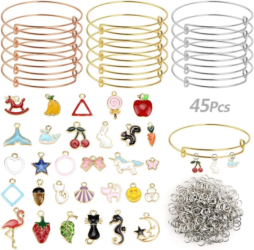 15Pcs Expandable Bangle Bracelets Adjustable Wire Bangles with Assorted Gold Plated Enamel Dangle Charm Pendant for DIY Jewelry Making, Including Hundreds of Jump Rings