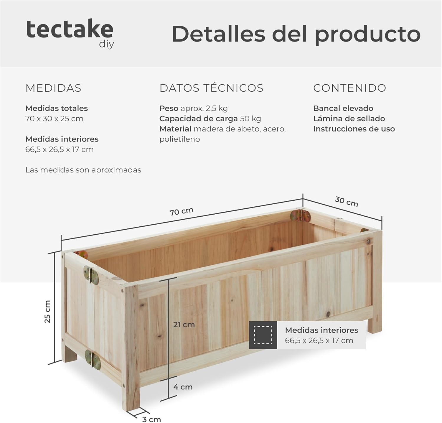 Image showing detailed product dimensions and technical data for the raised garden bed.