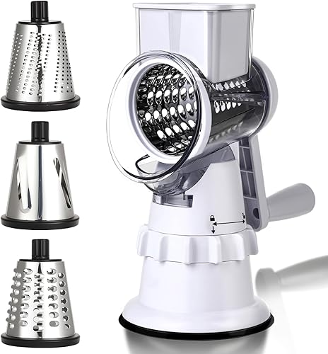 Rallador giratorio de queso, manivela de mano, rebanadora de verduras con 3 cuchillas, succión estable, mango que ahorra trabajo, trituradora de