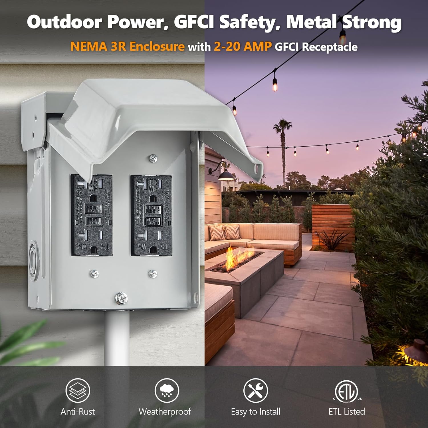 SURAIELEC Outdoor Electrical Outlet Box & Electrical Outlet with Safety Switch, Dual 20 AMP WRTR GFCI Receptacles, Rainproof 3R Enclosure, Weatherproof All Metal Outlet Cover, ETL Listed