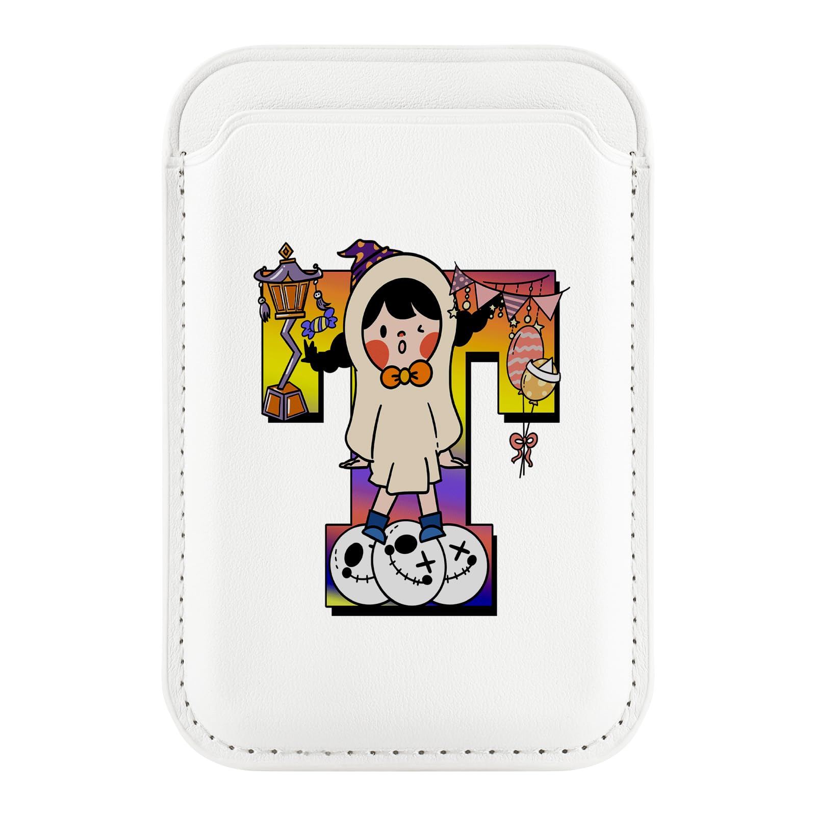 WALLFIDHalloween Magsafe Wallet Leather Compatible with iPhone 15/14/13/12 Plus/Pro/Max,Card Holder with RFID,Alphabet Series Design (T)