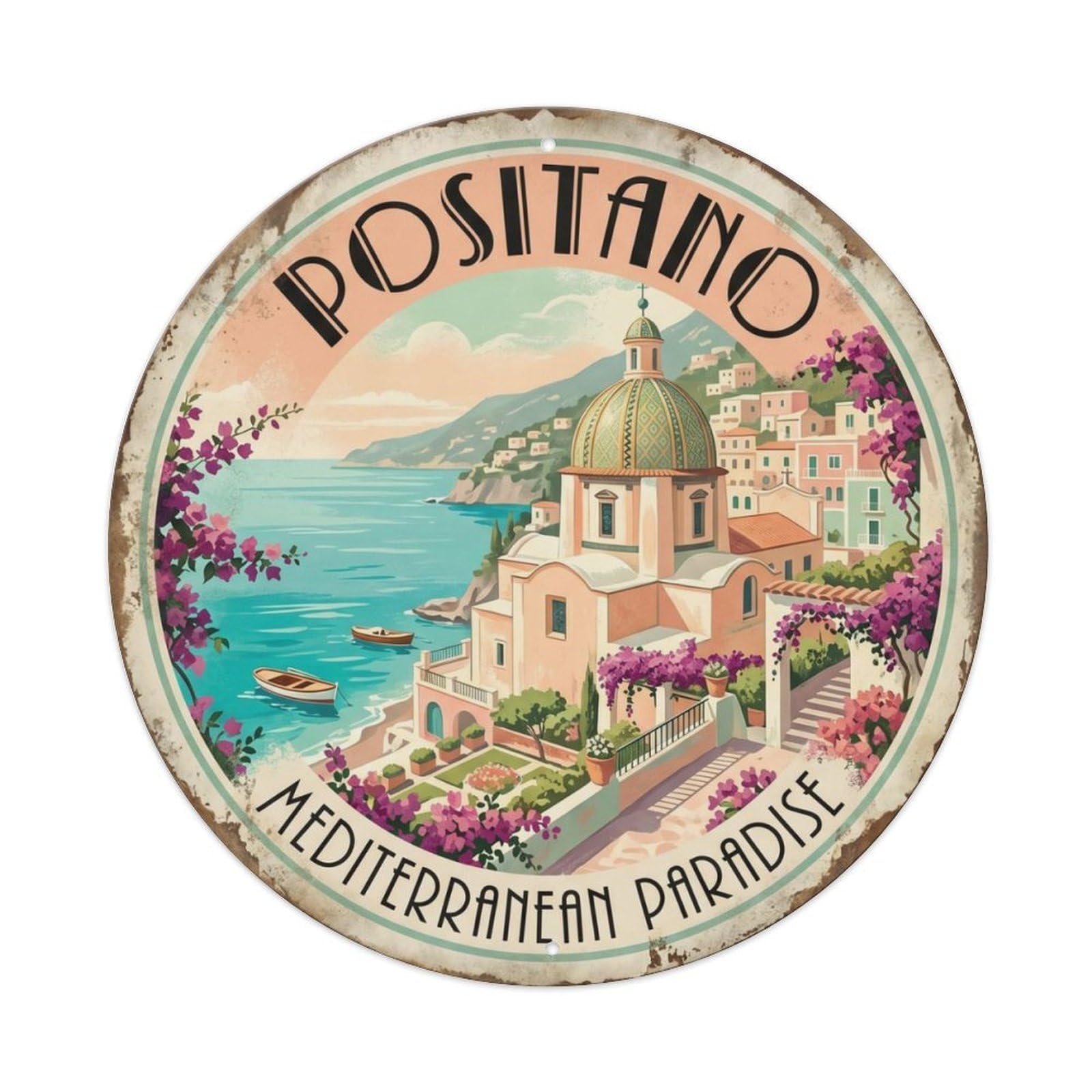 Vintage Travel Positano Coastal Church Metal Tin Sign Plaque Wall Decor for Cafe, Club, Garden Round Metal Poster 8x8Inch