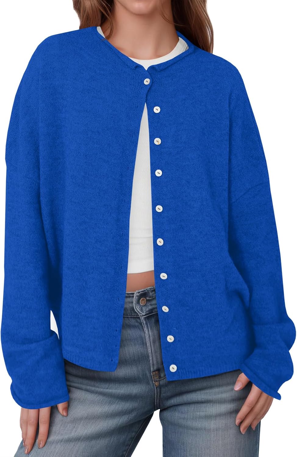 Saodimallsu Womens Button Up Cardigan Sweaters Long Sleeve Crew Neck Fall Soft Lightweight Knit Loose Sweater Tops