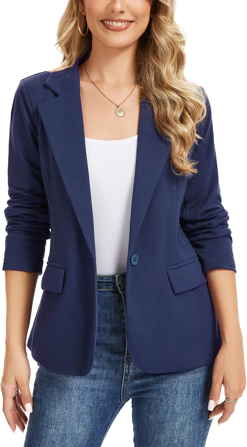 Knit Blazer for Women Button Front Long Sleeve Suit Jacket Lightweight Casual Work Office Blazers with Pockets,M,Navy Blue - Image 3