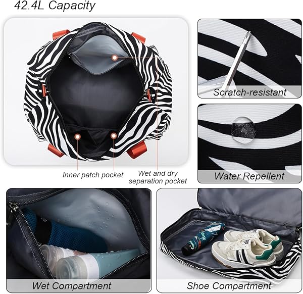 Sac de Sport Femme Grand, 42.43L, avec Compartiment Chaussures & Poche Humide, Sac de Voyage Léopard Bagage à Main Léger, Sacs de Sport Imperméable Femme pour Yoga/Weekend/Gym/Voyage, Noir - 5