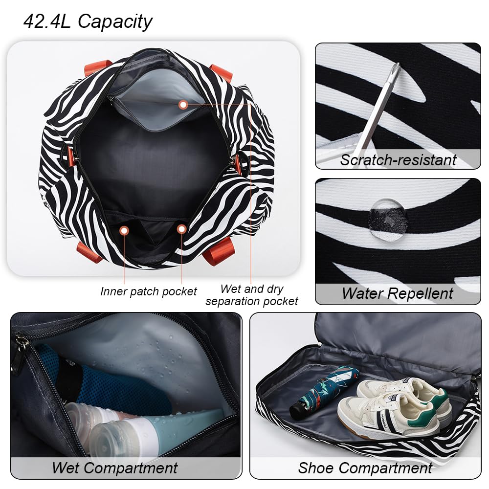 Sac de Sport Femme Grand, 42.43L, avec Compartiment Chaussures & Poche Humide, Sac de Voyage Léopard Bagage à Main Léger, Sacs de Sport Imperméable Femme pour Yoga/Weekend/Gym/Voyage, Noir
