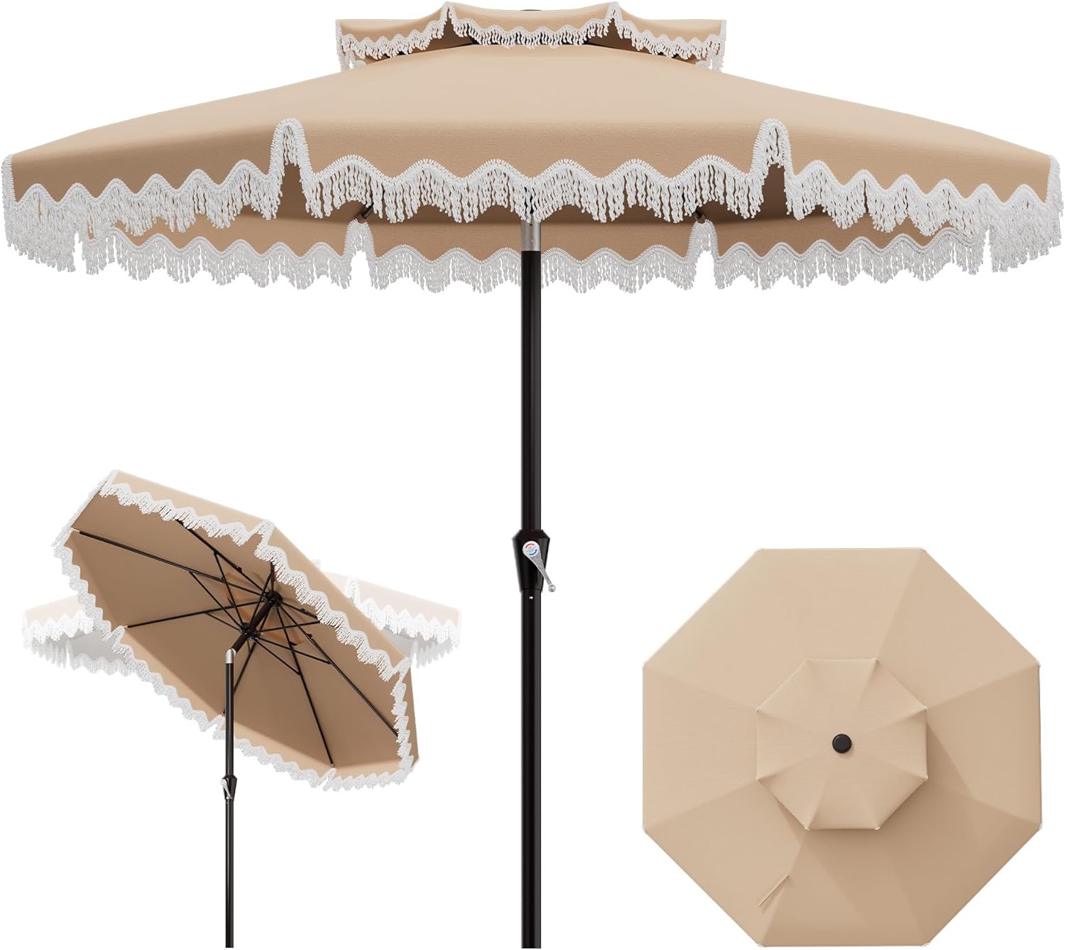 AreShark 9FT Patio Umbrella with Fringe, Wind-Resistant Fiberglass 8 Ribs Tassel Outdoor Umbrella with Crank and Push Button Tilt, Double Tier Vent Sun Shade for Pool, Deck, Backyard, Beige