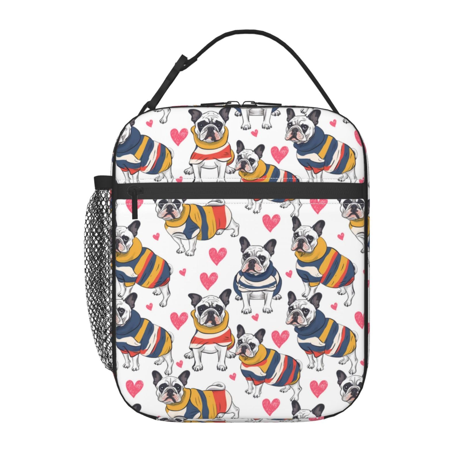 ainori Reusable French Bulldog Lunch Box for Kids Girls Boys Women Adult, Insulated Cute Sweater Dog Lunch Bag,Polyester Cooler Handbags Case for School Picnic Work Travel Beach or Hiking (White)