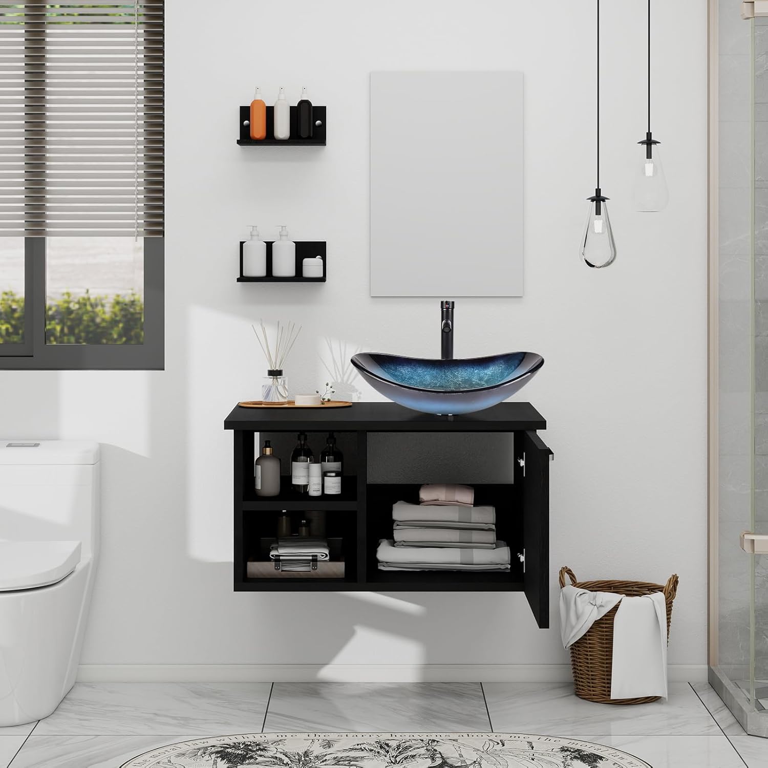 YOURLITE 28" Wall Mounted Bathroom Vanity Modern Lavatory Wood Cabinet with Mirror Blue Boat Tempered Glass Sink Combo Vanities Set