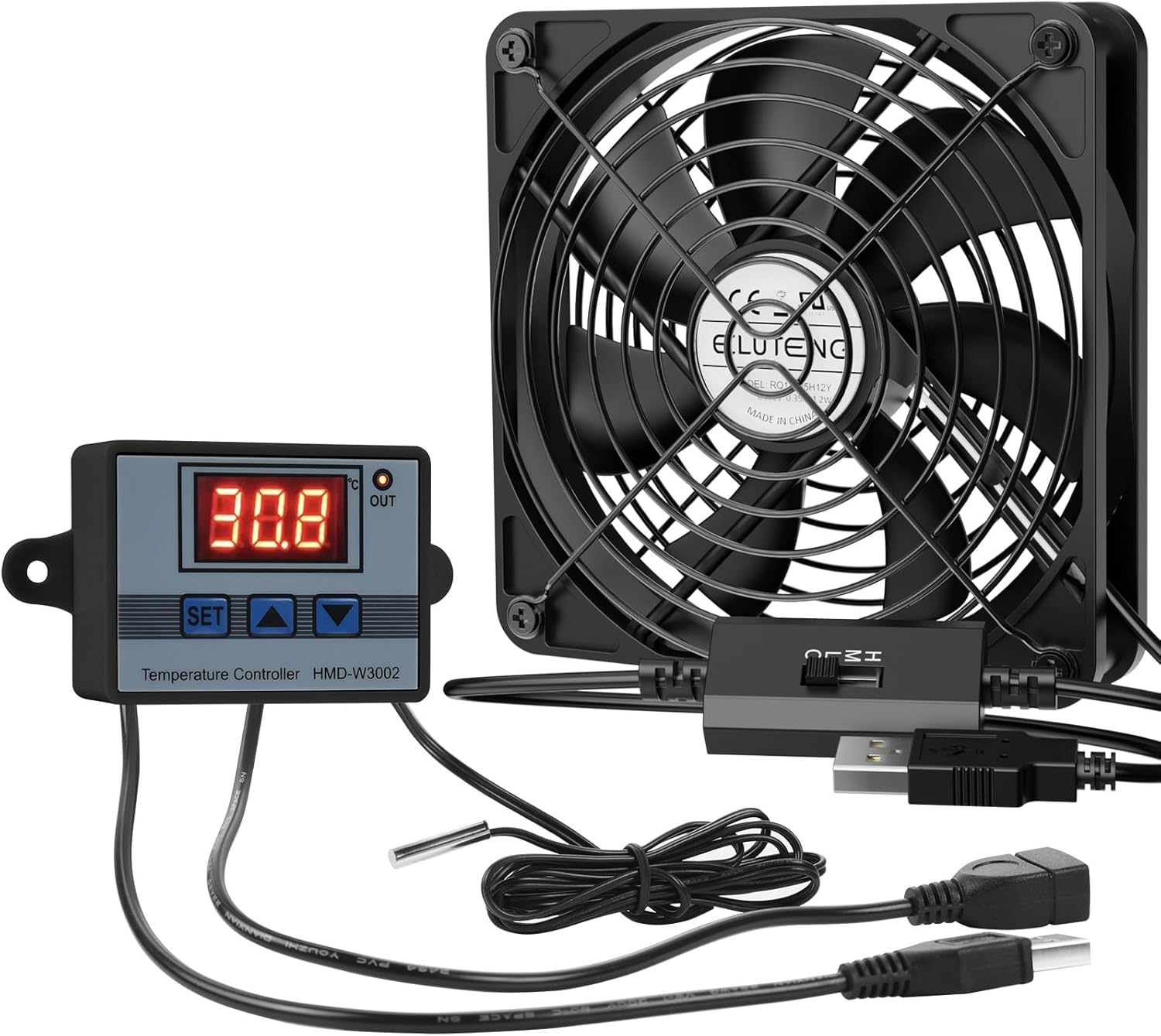 ELUTENG USB Lüfter 120mm mit Digitaler Temperaturregler, USB Ventilator 12cm Gehäuselüfter mit 3 Einstellbare Geschwindigkeiten für PS5/Laptop/TV Box/AV Schrank/Router