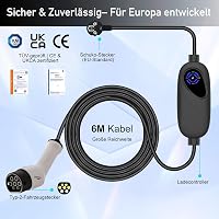 Cablu de încărcare TopAutoGear Type 2 Schuko 3,7 kW, monofazat, 6 m, 8-16 A, încărcător portabil pentru mașini electrice Model 3, Y, ID.3, MG4, Q4, GLA, Zoe 5