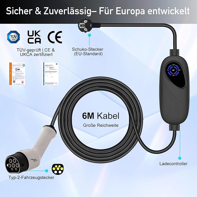 Cablu de încărcare TopAutoGear Type 2 Schuko 3,7 kW, monofazat, 6 m, 8-16 A, încărcător portabil pentru mașini electrice Model 3, Y, ID.3, MG4, Q4, GLA, Zoe