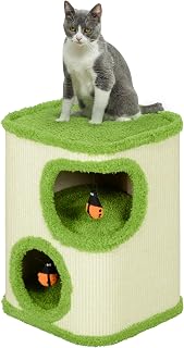 PawHut Barril rascador de 52 cm de Alto con 2 Cuevas, árbol rascador con Juguete de Mariquita, Torre para Gatos de sisal, Cueva para Gatos de hasta 5 kg, Color Verde y Crema