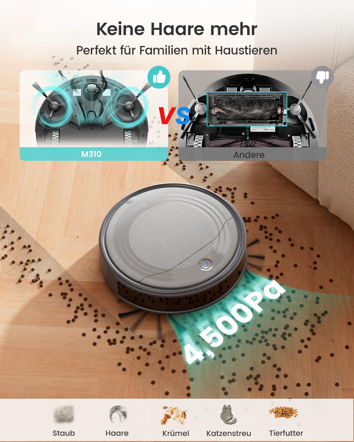 Lefant Saugroboter M310G, 4500Pa Staubsauger Roboter mit präziser PSD-Navigation, 180 Min Laufzeit, HEPA-Filter, WLAN Roboterstaubsauger ohne Wischfunktion, ideal für Tierhaare, Teppiche & Hartböden