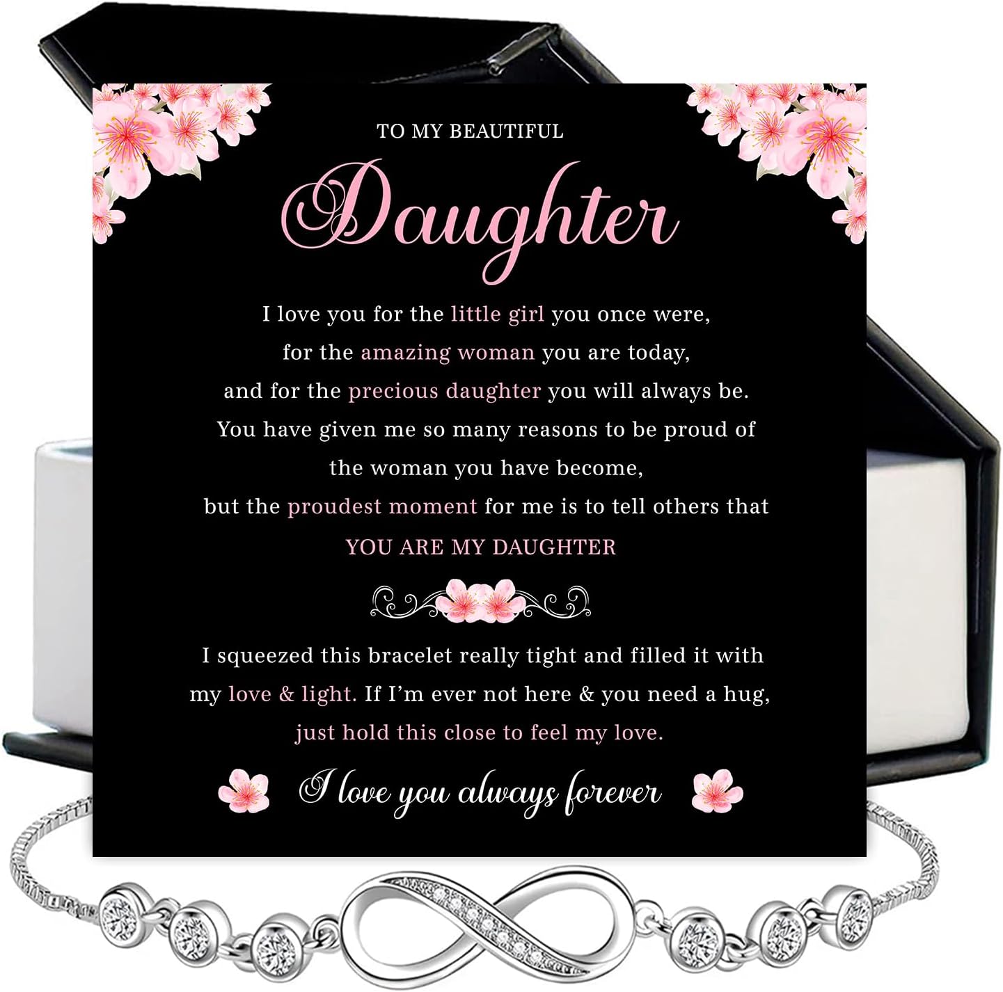 To My Daughter Bracelet From Mom & Dad With Heartfelt Message & Elegant Box, Jewelry Gift For Women From Mother Father On Graduation, Birthday, Wedding, Christmas & More