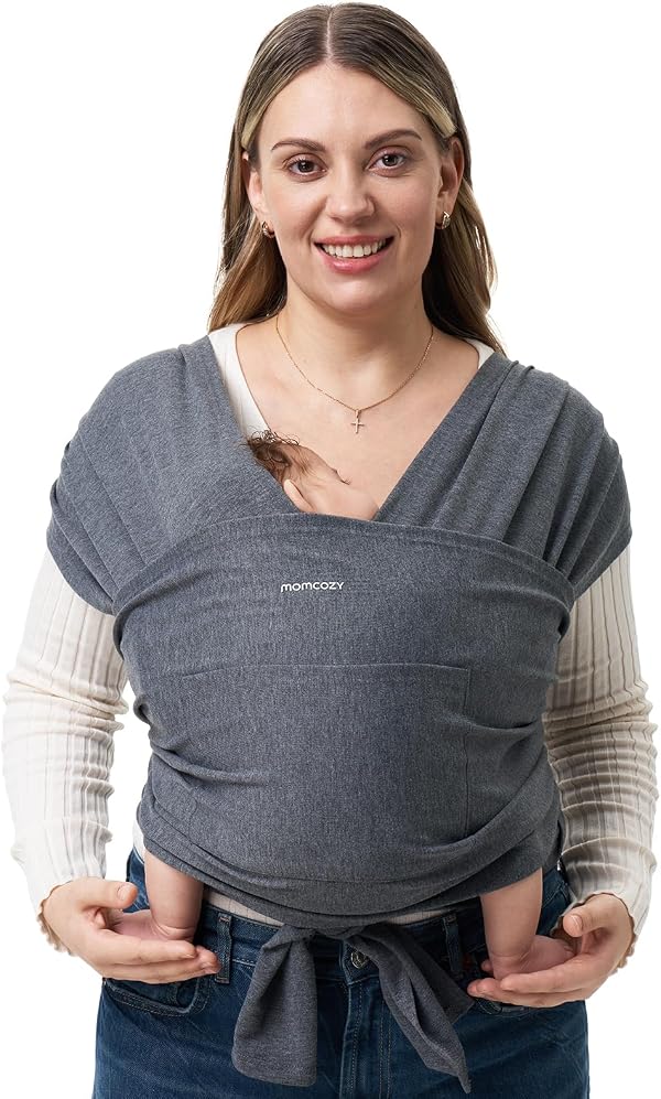 Momcozy Baby Wrap Carrier, Easy to Wear Infant Carrier Slings, Lightweight Hands Free Baby Sling, Adjustable Baby Carriers for Newborn to Toddler 8-35 lbs, Deep Grey